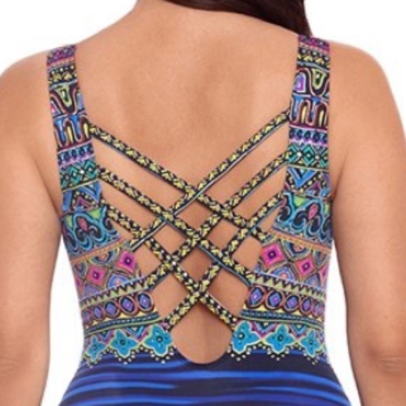 SWIM SOLUTIONS Women's Blue Taj Mahal Square Neck One Piece Long Torso Swimsuit - Picture 6 of 9